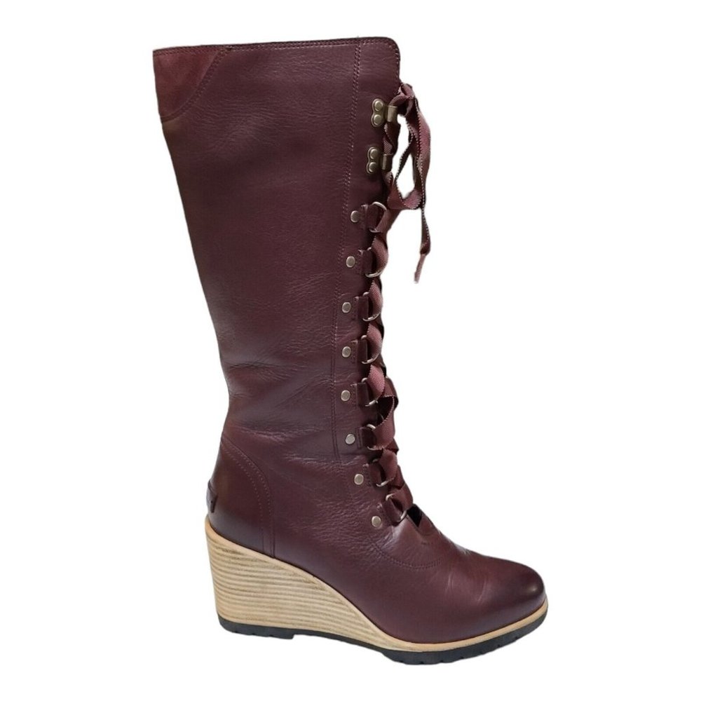 Elegant Burgundy/Brown Lace-Up Wedge Boots - Picture 2 of 12